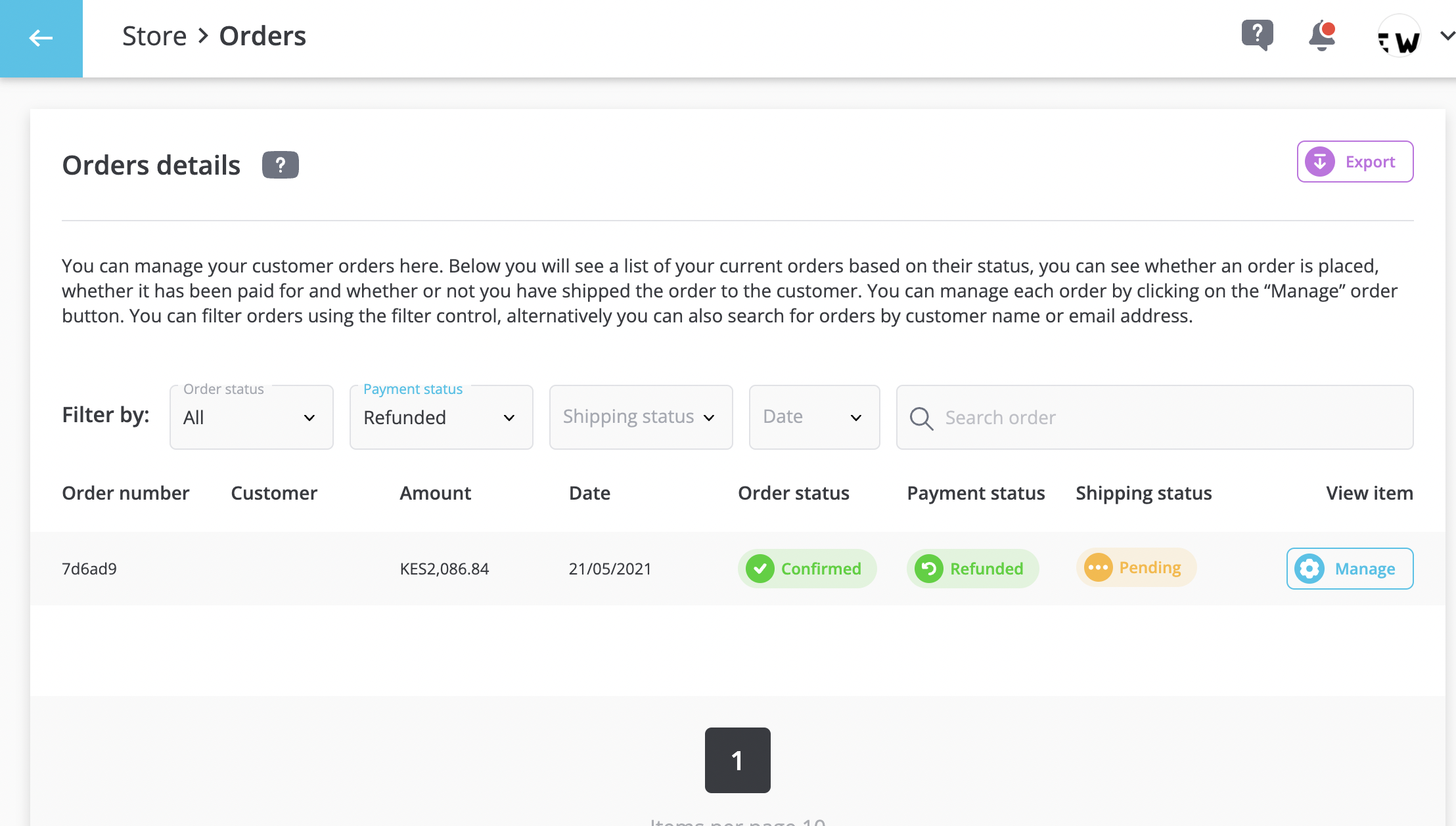 Viewing, exporting and creating orders.